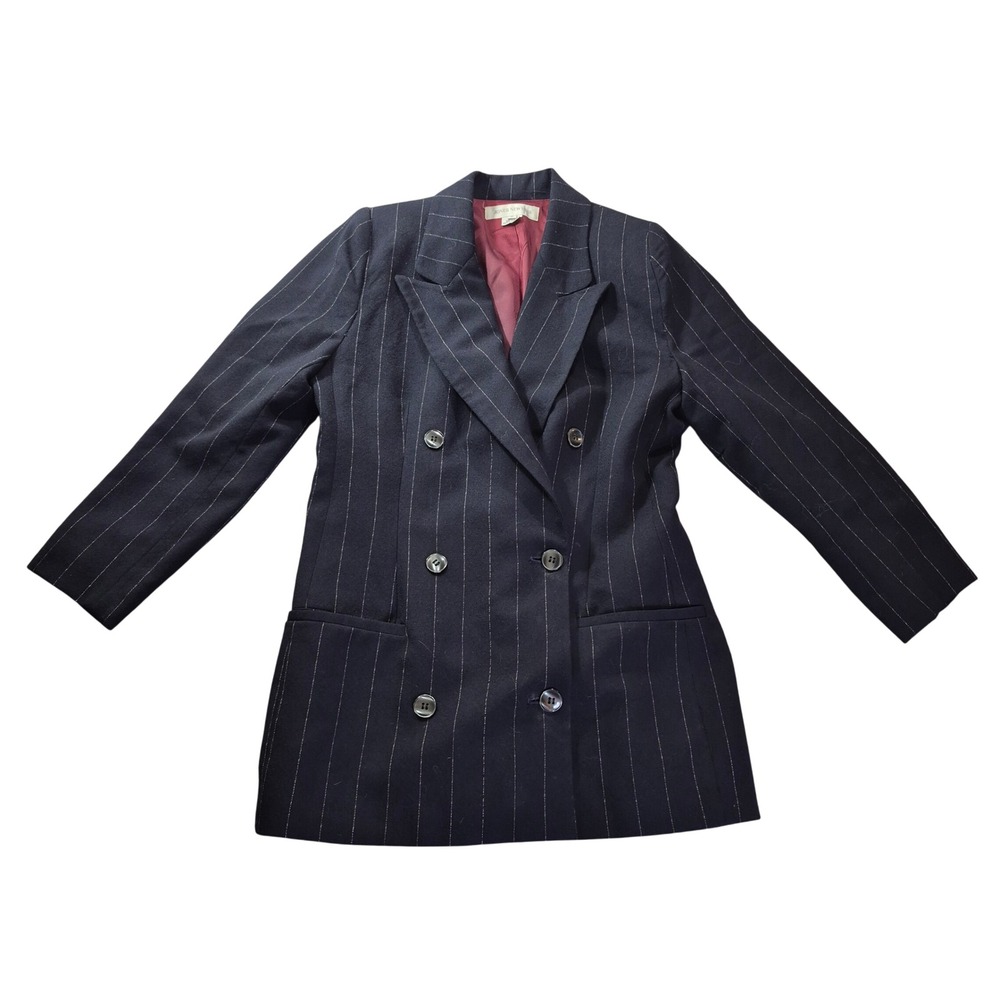 Jones New York Pinstripe Blazer Womens 6 Navy Wool Dark Academia Double Breasted